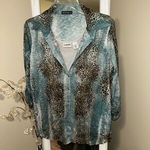 David Cline Teal and Brown Leopard Blouse with Chicos underneath tank top